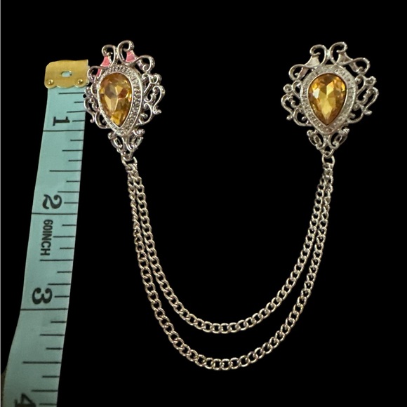 Victorian Style Amber Toned Rhinestone Collar Clip Double Chain Filligree pain - Picture 3 of 4